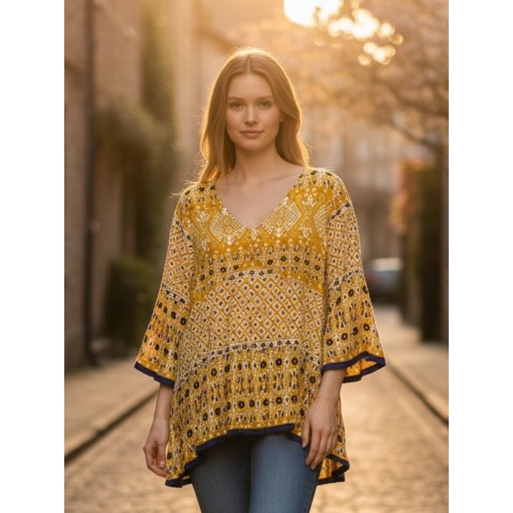 World Market Boho Tunic Yellow Blue V-Neck Long Sleeve Bell Sleeve Boho Large